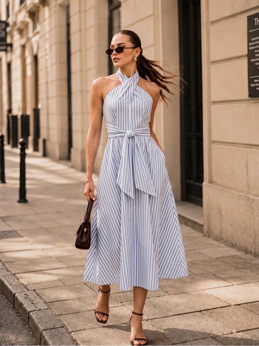 COMMENSE Striped Halter Midi Dress with Waist Tie